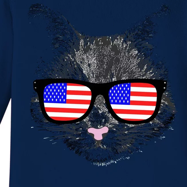 USA Cat Wearing American Flag Glasses Baby Long Sleeve Bodysuit