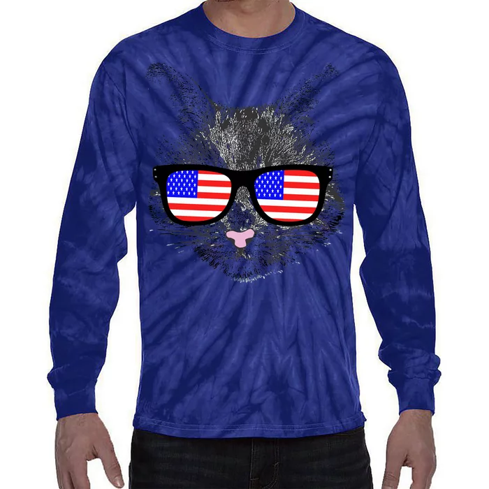 USA Cat Wearing American Flag Glasses Tie-Dye Long Sleeve Shirt