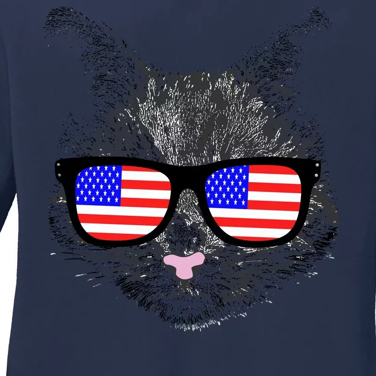 USA Cat Wearing American Flag Glasses Ladies Long Sleeve Shirt