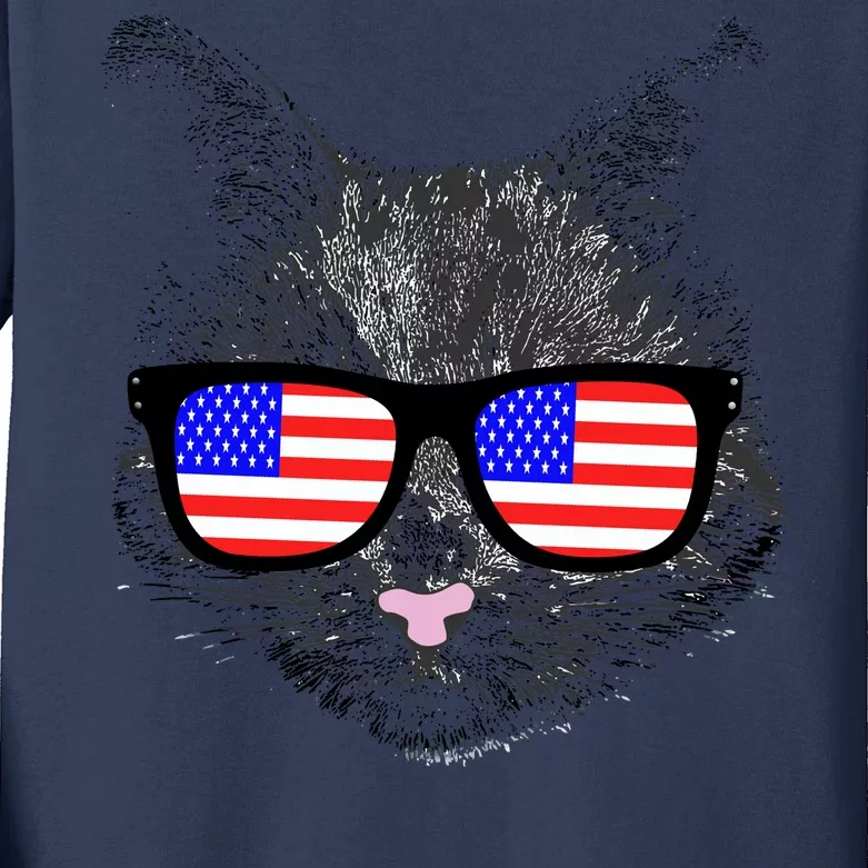 USA Cat Wearing American Flag Glasses Kids Long Sleeve Shirt