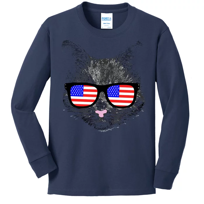 USA Cat Wearing American Flag Glasses Kids Long Sleeve Shirt