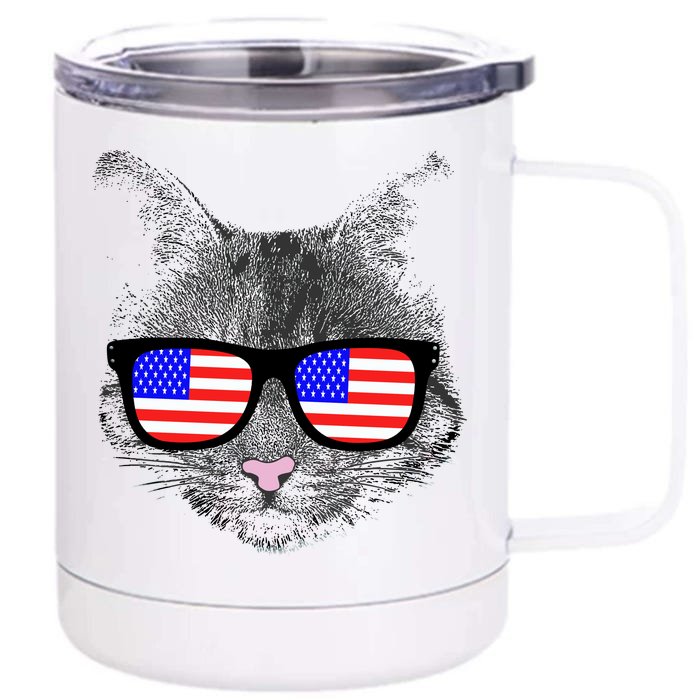 USA Cat Wearing American Flag Glasses Front & Back 12oz Stainless Steel Tumbler Cup