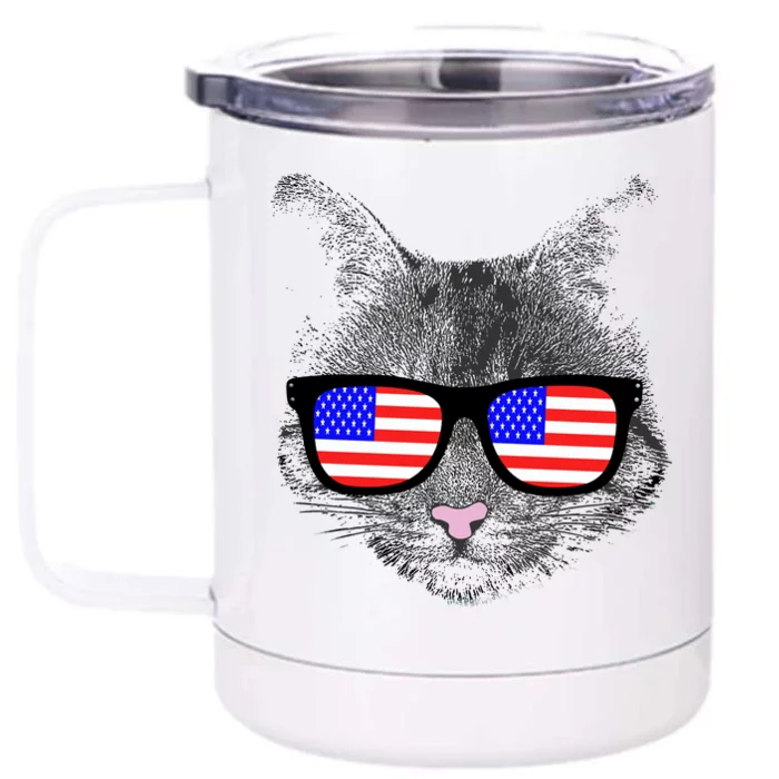 USA Cat Wearing American Flag Glasses Front & Back 12oz Stainless Steel Tumbler Cup