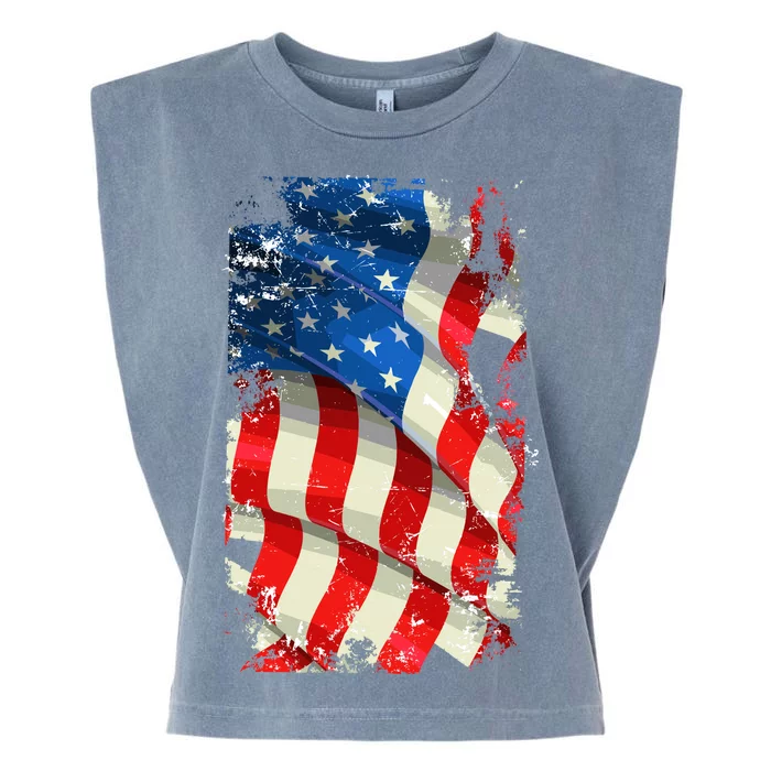 USA Distressed Waving American Flag Garment-Dyed Women's Muscle Tee