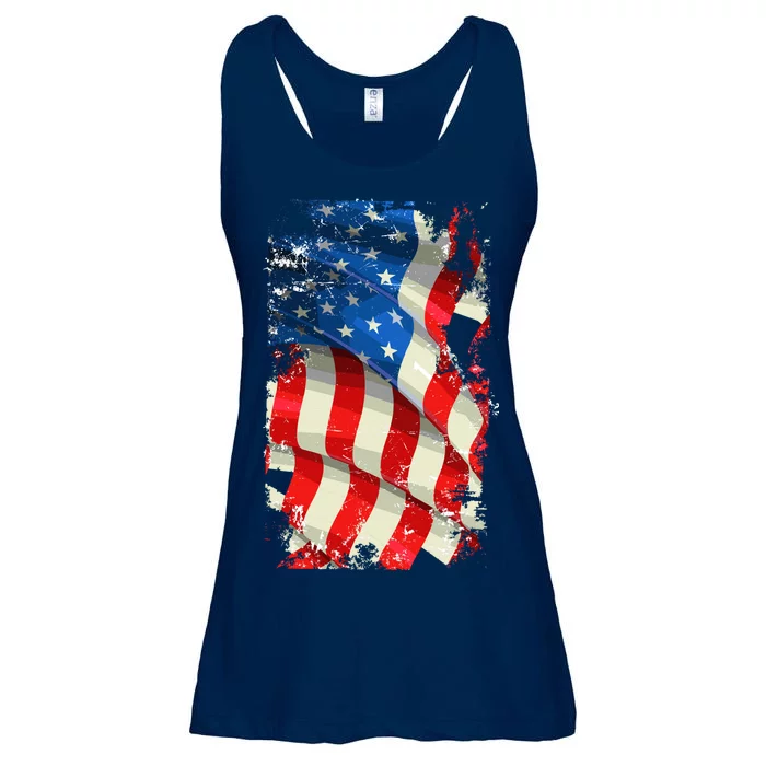 USA Distressed Waving American Flag Ladies Essential Flowy Tank