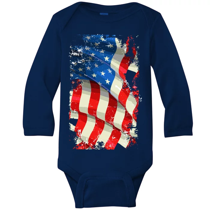 USA Distressed Waving American Flag Baby Long Sleeve Bodysuit