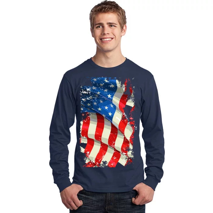 USA Distressed Waving American Flag Tall Long Sleeve T-Shirt