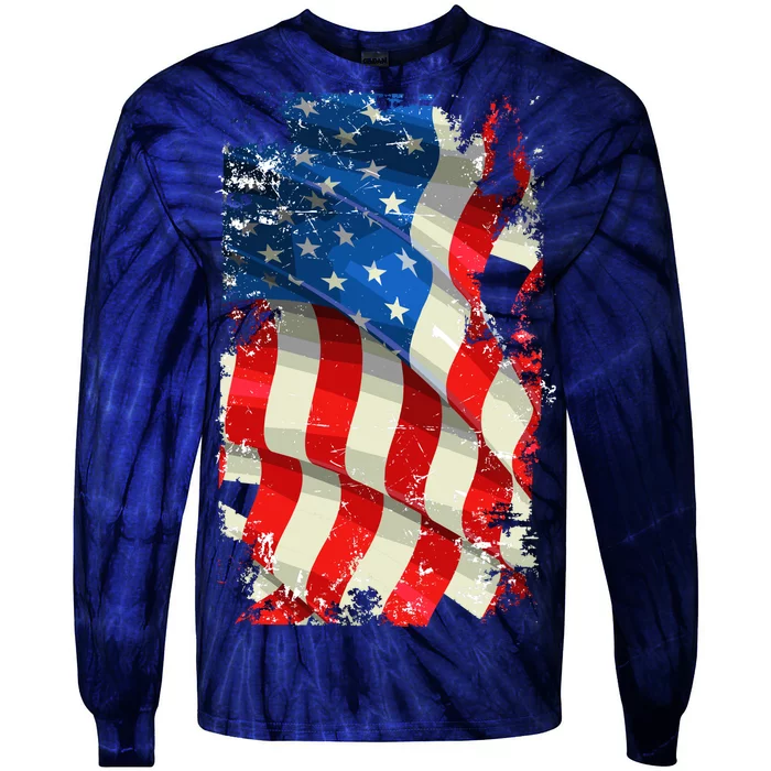 USA Distressed Waving American Flag Tie-Dye Long Sleeve Shirt