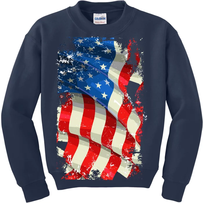 USA Distressed Waving American Flag Kids Sweatshirt