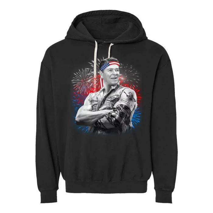 USA Fireworks Patriotic Ronald Reagan Garment-Dyed Fleece Hoodie