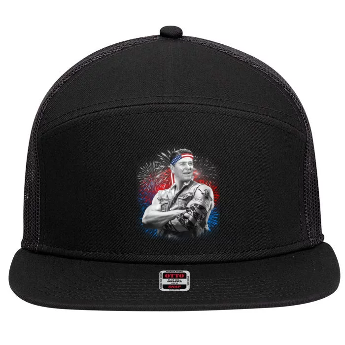 USA Fireworks Patriotic Ronald Reagan 7 Panel Mesh Trucker Snapback Hat