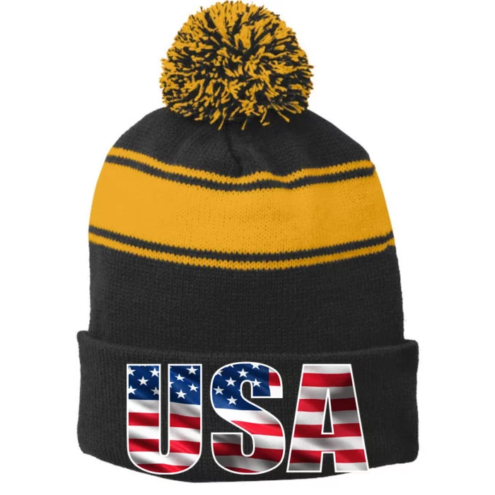 USA Flag Team Logo Stripe Pom Pom Beanie