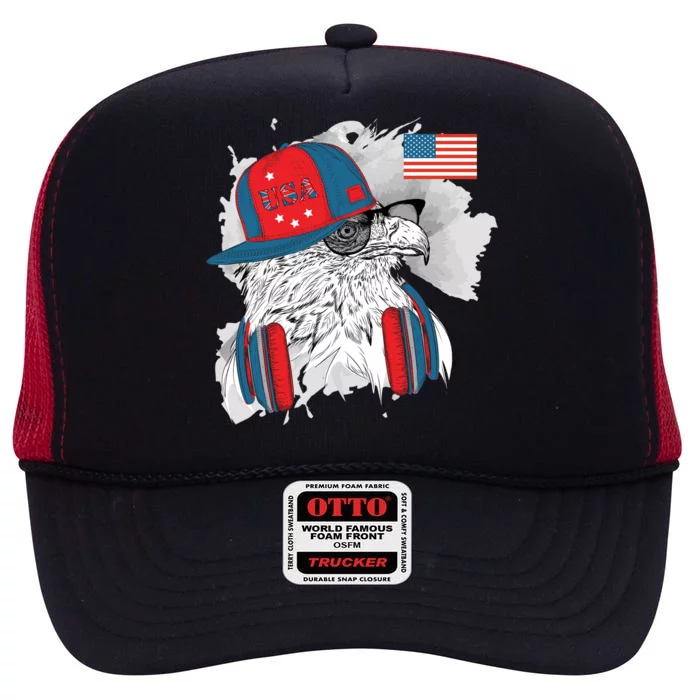 USA Hip Bald Eagle United States Flag Headphones High Crown Mesh Trucker Hat