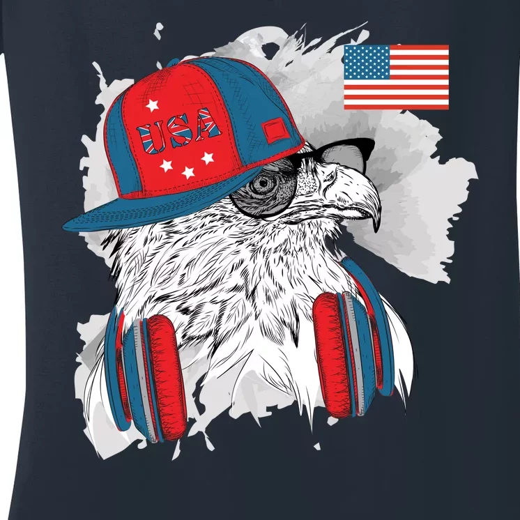 USA Hip Bald Eagle United States Flag Headphones Women's V-Neck T-Shirt