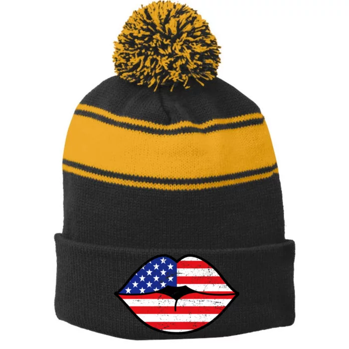 USA Lips Stripe Pom Pom Beanie