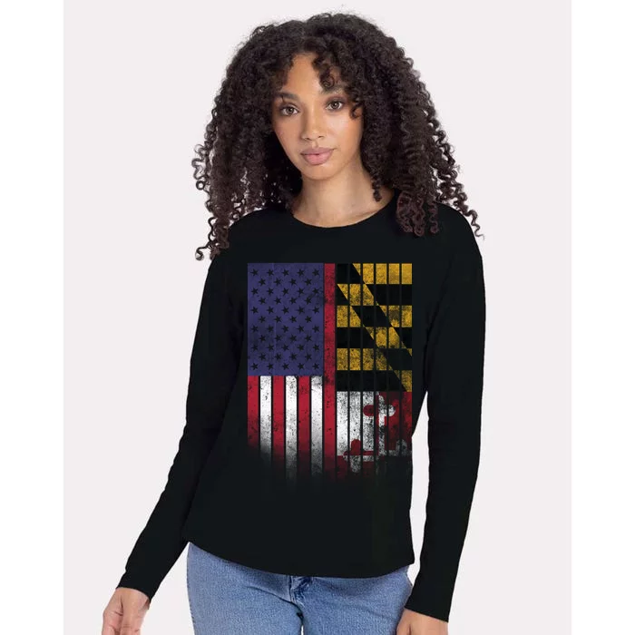 USA Maryland Flag Womens Cotton Relaxed Long Sleeve T-Shirt