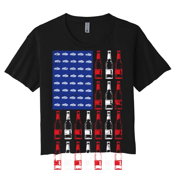 USA Patriotic Beer Bottle American Flag Women's Crop Top Tee