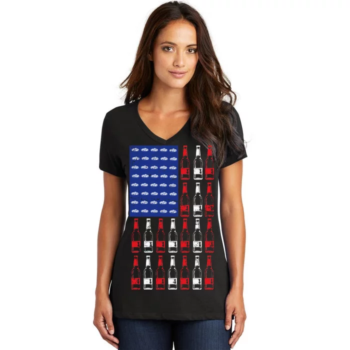 USA Patriotic Beer Bottle American Flag Women's V-Neck T-Shirt