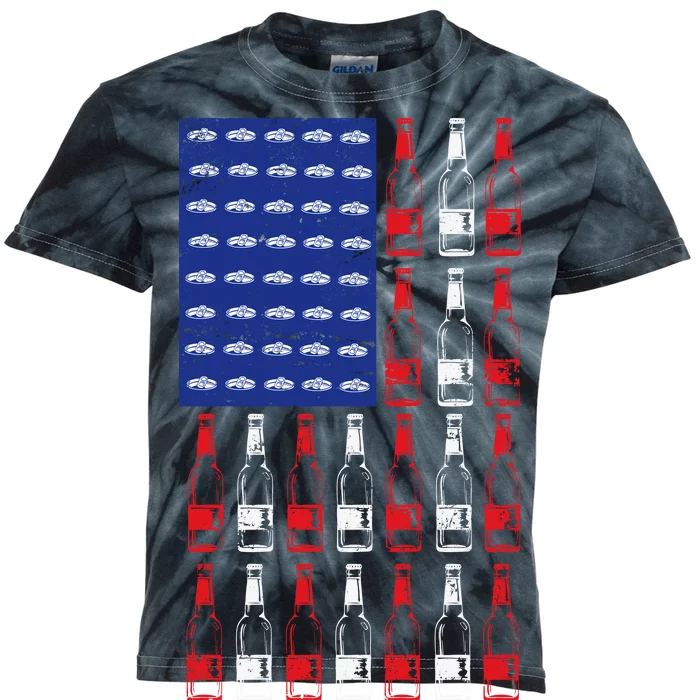 USA Patriotic Beer Bottle American Flag Kids Tie-Dye T-Shirt