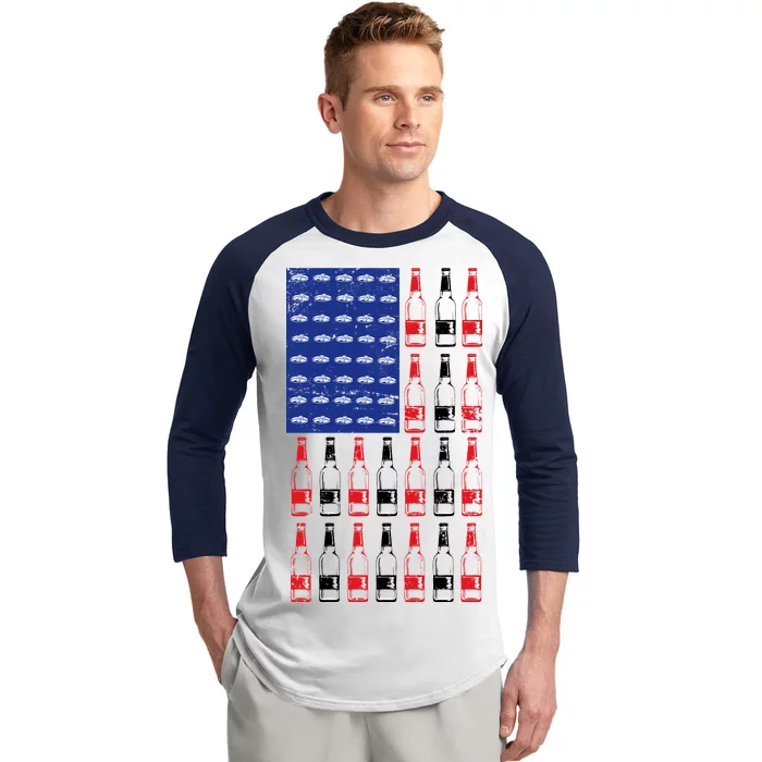 USA Patriotic Beer Bottle American Flag Baseball Sleeve Shirt