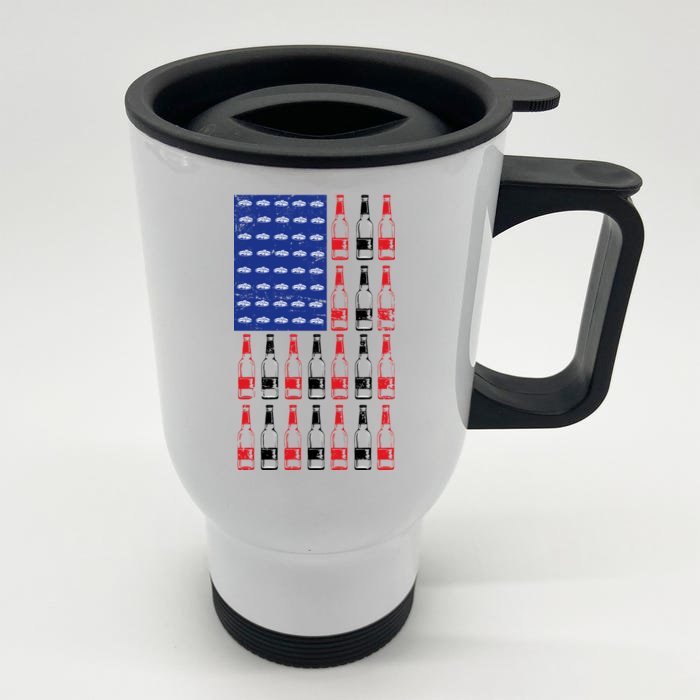 USA Patriotic Beer Bottle American Flag Front & Back Stainless Steel Travel Mug