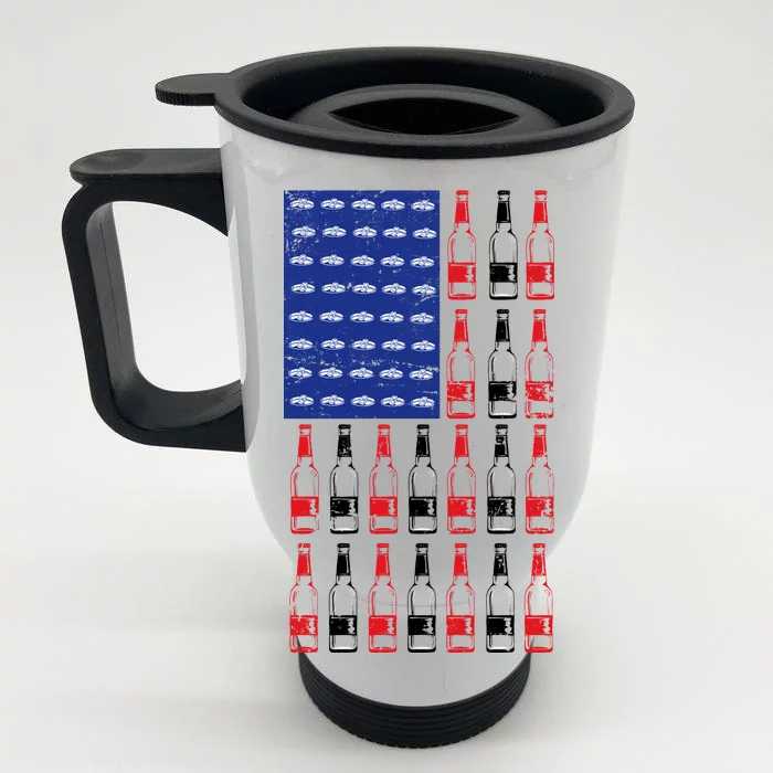 USA Patriotic Beer Bottle American Flag Front & Back Stainless Steel Travel Mug