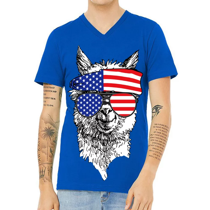 USA Patriotic Llama V-Neck T-Shirt