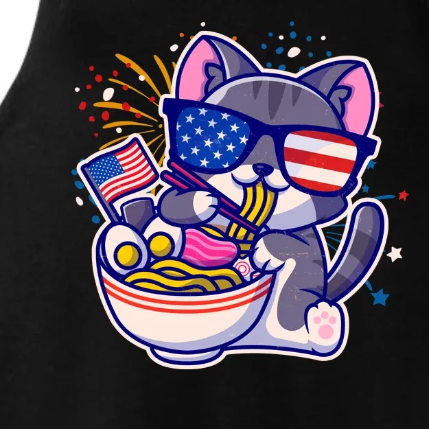 USA Ramen Bowl Kitty America Ladies Tri-Blend Wicking Tank