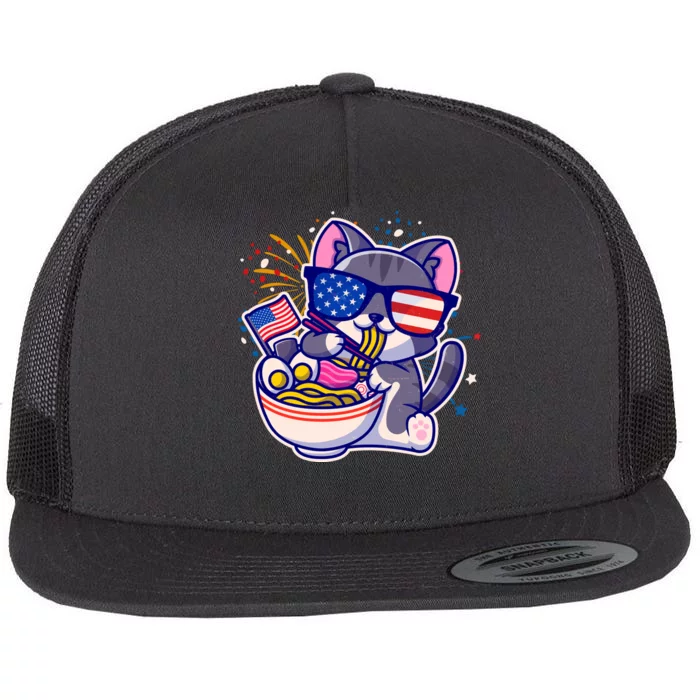 USA Ramen Bowl Kitty America Flat Bill Trucker Hat