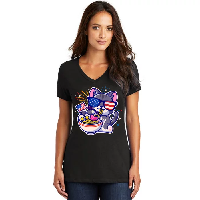 USA Ramen Bowl Kitty America Women's V-Neck T-Shirt