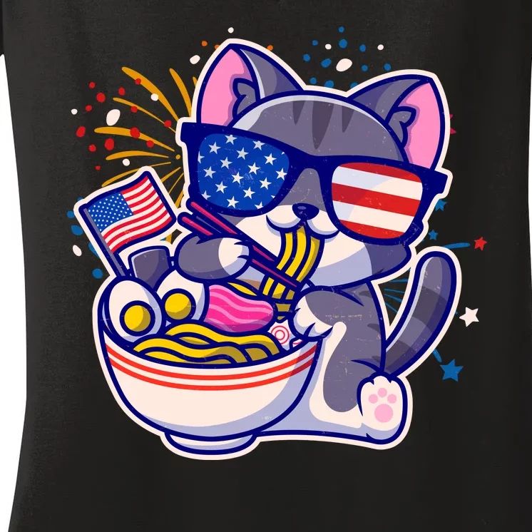 USA Ramen Bowl Kitty America Women's V-Neck T-Shirt