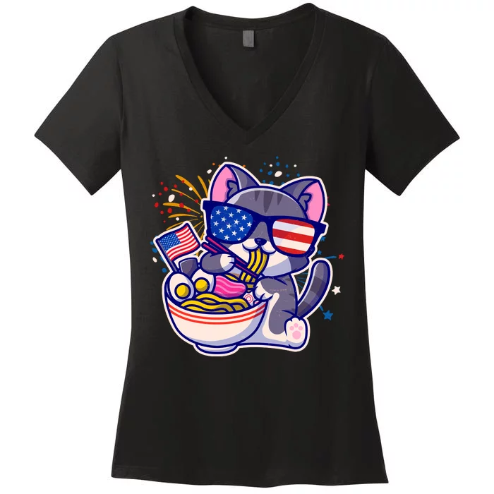 USA Ramen Bowl Kitty America Women's V-Neck T-Shirt