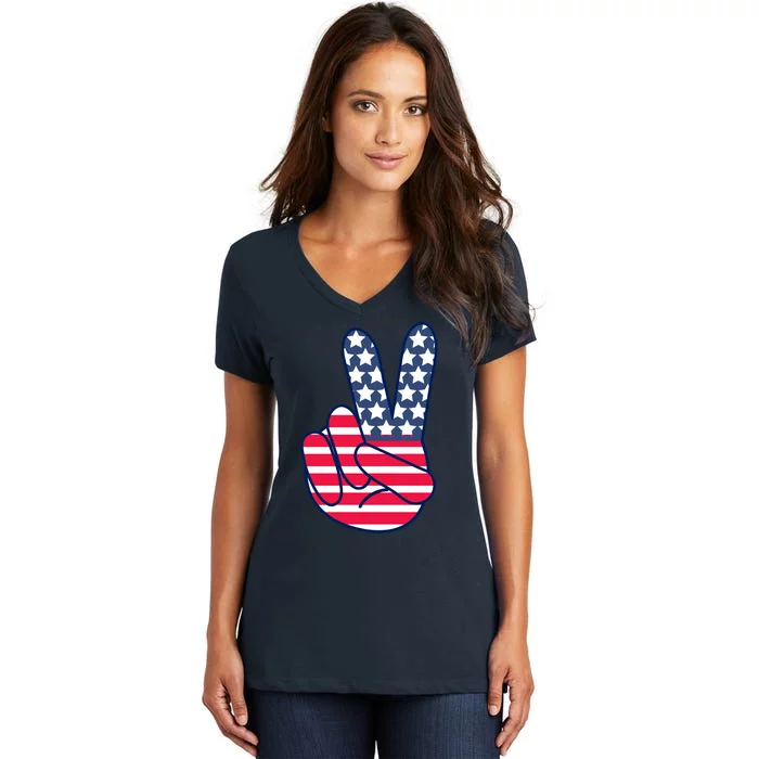 USA Simple Peace Sign Women's V-Neck T-Shirt