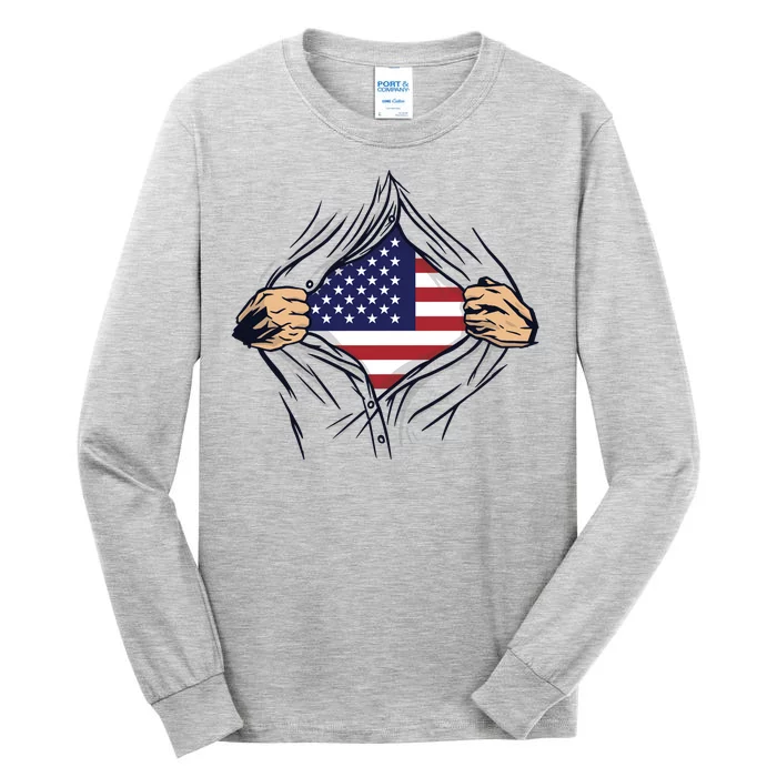 USA Superhero Ripped American Flag Tall Long Sleeve T-Shirt