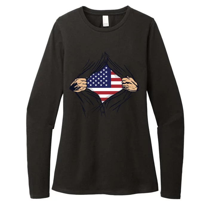 USA Superhero Ripped American Flag Womens CVC Long Sleeve Shirt