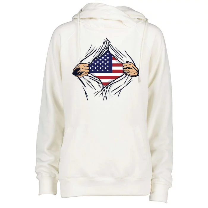 USA Superhero Ripped American Flag Womens Funnel Neck Pullover Hood