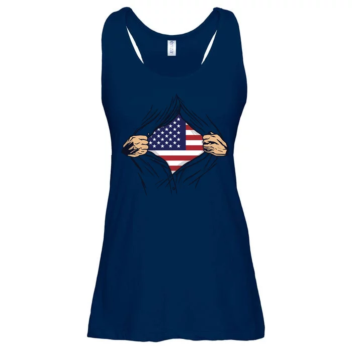 USA Superhero Ripped American Flag Ladies Essential Flowy Tank