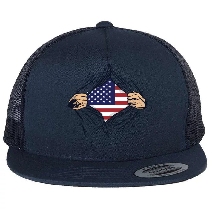 USA Superhero Ripped American Flag Flat Bill Trucker Hat