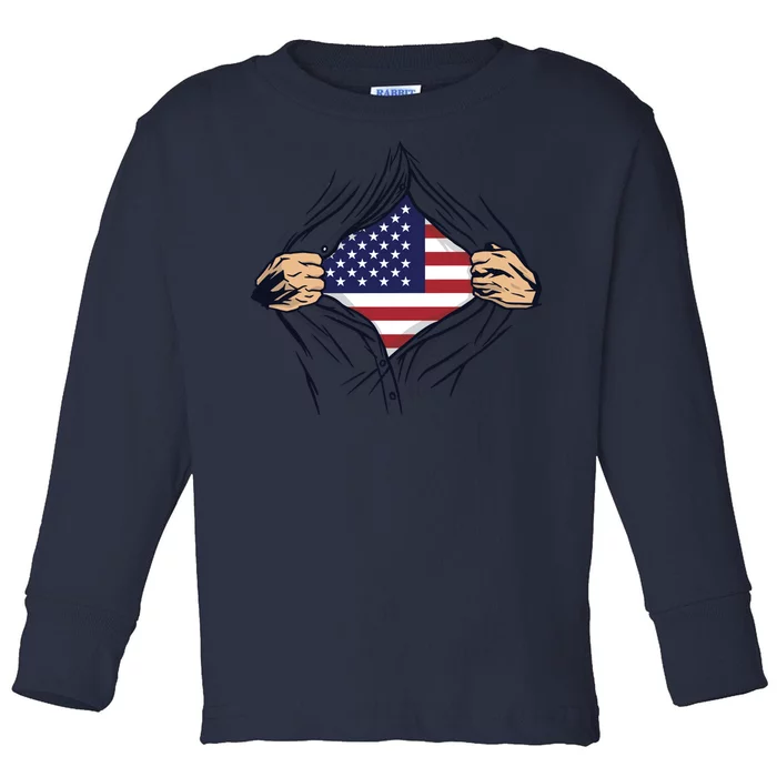 USA Superhero Ripped American Flag Toddler Long Sleeve Shirt