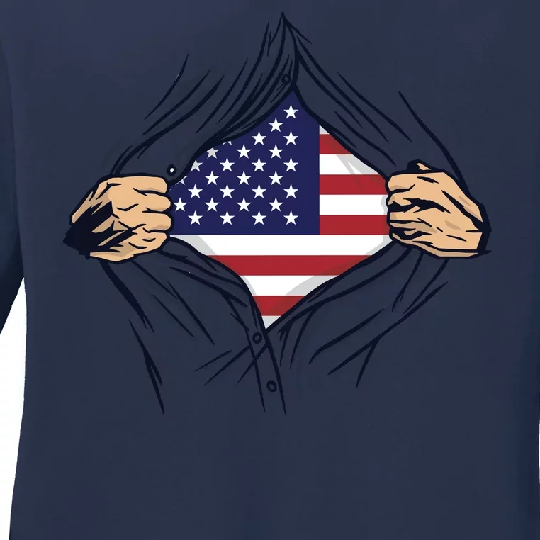 USA Superhero Ripped American Flag Ladies Long Sleeve Shirt