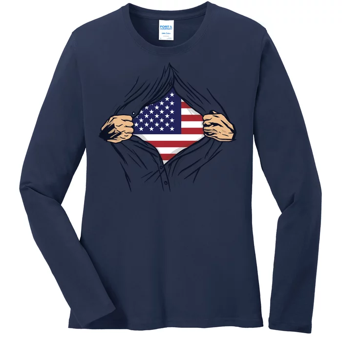 USA Superhero Ripped American Flag Ladies Long Sleeve Shirt