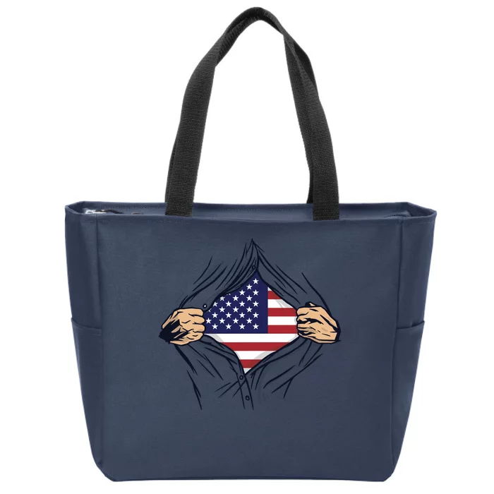 USA Superhero Ripped American Flag Zip Tote Bag