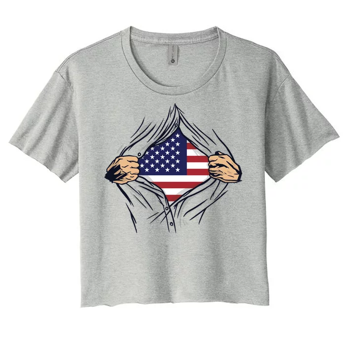 USA Superhero Ripped American Flag Women's Crop Top Tee