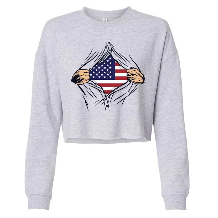 USA Superhero Ripped American Flag Cropped Pullover Crew