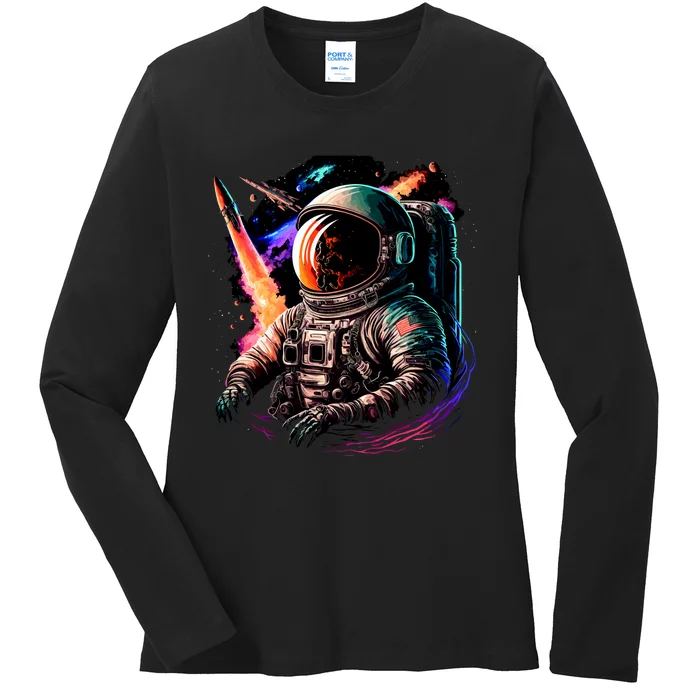 United States Astronaut With Rockets Ladies Long Sleeve Shirt