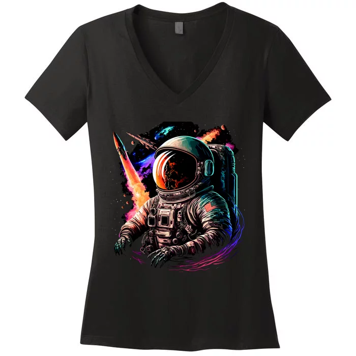 United States Astronaut With Rockets Women's V-Neck T-Shirt