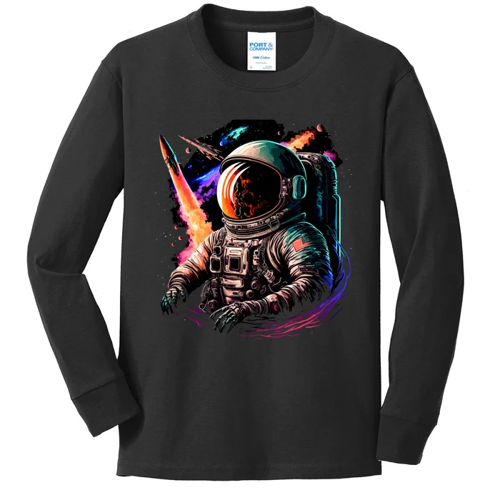 United States Astronaut With Rockets Kids Long Sleeve Shirt