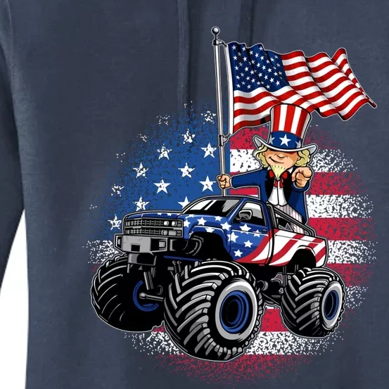 Uncle Sam And Monster Truck American Flag Indepedence Day Gift Women's Pullover Hoodie