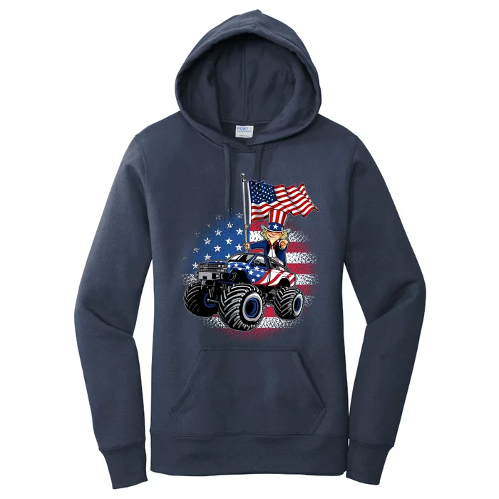 Uncle Sam And Monster Truck American Flag Indepedence Day Gift Women's Pullover Hoodie