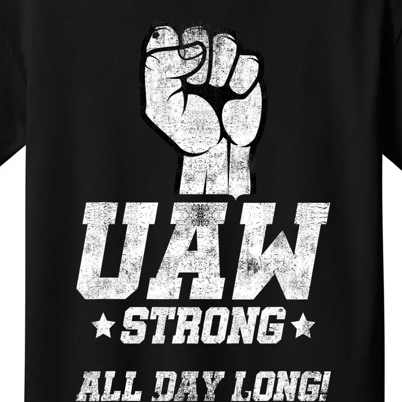 UAW Strong All Day Long UAW Strike Red Tee_ United Auto Workers Picket Sign Kids T-Shirt